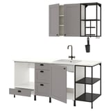 Modern kitchen setup: grey cabinets, sleek countertop, square sink, open shelves.
