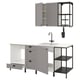 Modern kitchen setup: grey cabinets, sleek countertop, square sink, open shelves.