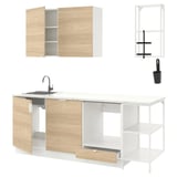 ENHET kitchen set: light wood & white cabinets, stainless sink, open & closed storage.