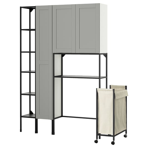 Grey ENHET storage combo: open & closed shelves, cabinets, rolling laundry bag.