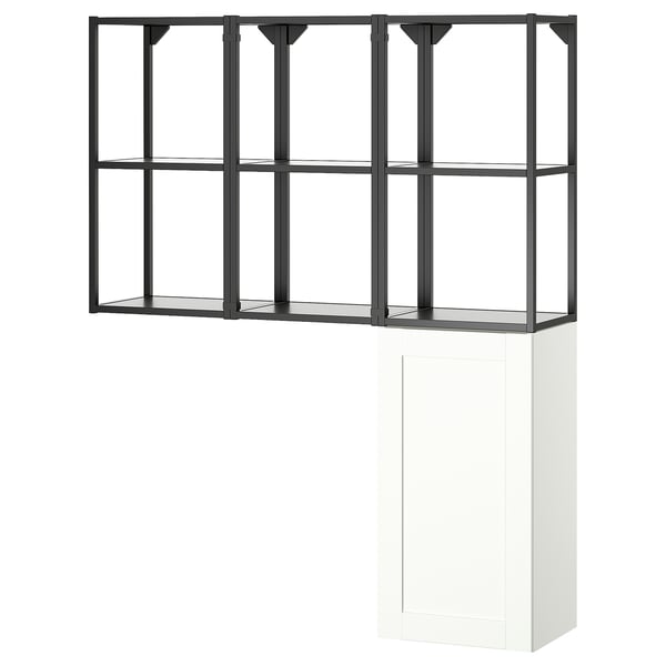 An ENHET storage unit, white with black metal accents, featuring open and closed compartments.