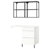 Modern white kitchen setup with black metal frame and shelves.