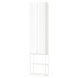 An ENHET high cabinet combo in white with glass doors and open shelves, ideal for bathroom or kitchen storage.