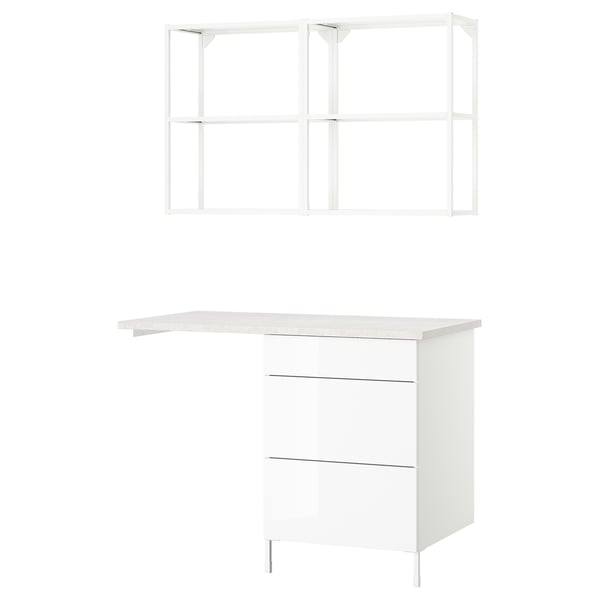 ENHET white modular kitchen furniture including a cabinet with drawers and an open wall shelf.