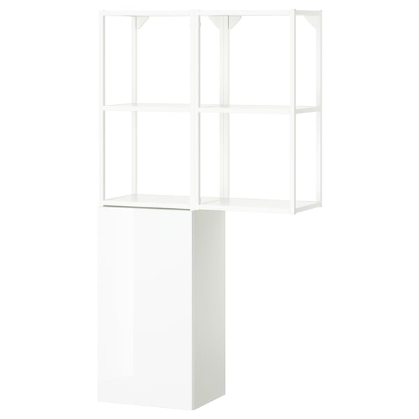 A white ENHET storage unit, combining open and closed storage. It has a modern design with glossy surfaces, ideal for kitchen, bath, or laundry use.