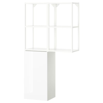 A white ENHET storage unit, combining open and closed storage. It has a modern design with glossy surfaces, ideal for kitchen, bath, or laundry use.