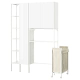 A white ENHET storage unit with open shelves, closed cabinets, and a rolling laundry bag. Modern and minimalist design.
