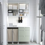 Modern bathroom storage: ENHET, light green, metal & wood, cabinet & shelves, towels & bottles.