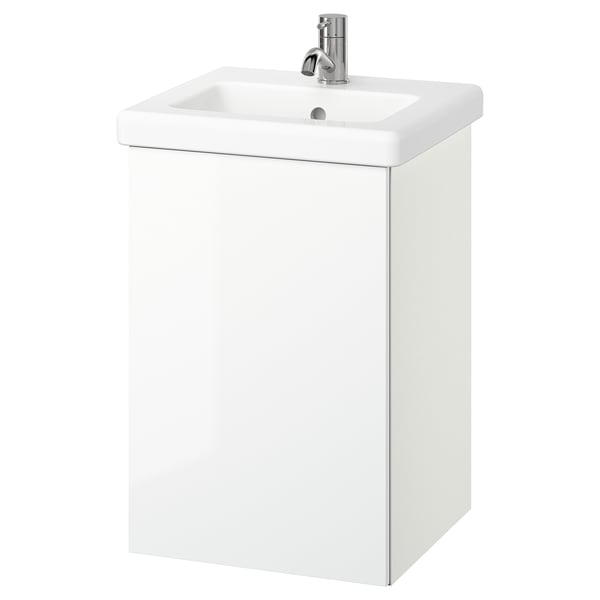 White wall-mounted bathroom vanity with single sink and glossy finish.
