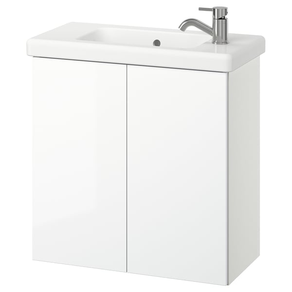 White glossy bathroom vanity w/sink, wall-mounted, sleek modern design.