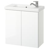 White glossy bathroom vanity w/sink, wall-mounted, sleek modern design.