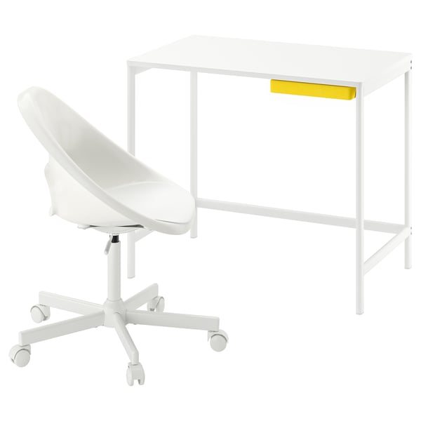 A white desk and chair set. The desk has a yellow drawer and metal legs. The chair is modern, white, and swivel.