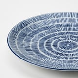 Circular blue-white patterned plate, intricate radial designs, slight texture.