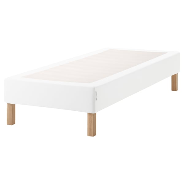 White ESPEVÄR platform bed with wooden legs, rectangular, minimalist design.