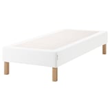 White ESPEVÄR platform bed with wooden legs, rectangular, minimalist design.