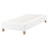 White ESPEVÄR bed base, upholstered with wooden legs, rectangular.