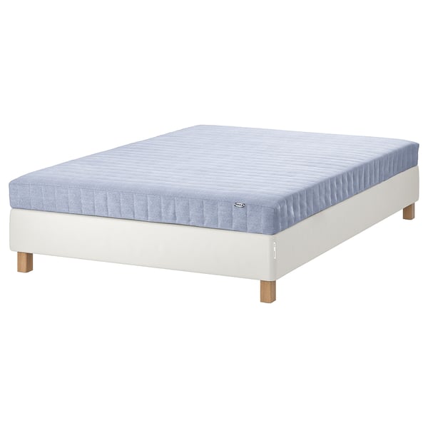 ESPEVÄR/VADSÖ bed in blue, featuring bonnell springs for comfort and stability, light wood legs, and a white base.