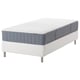 Option: IKEA gray mattress on white platform bed, rectangular shape.