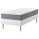 Option: IKEA espevär bed in white with grey and white mattress. Modern design, rectangular shape, stainless steel legs.