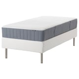 IKEA rolled mattress on bed frame with steel legs, carry handle, pocket springs, cotton-polyester cover.