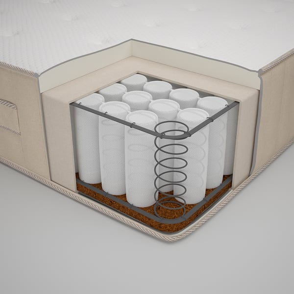Mattress cross-section: cotton/polyester top, steel pocket springs, coir/latex cushioning, linen/viscose sides, pine/polyester base.