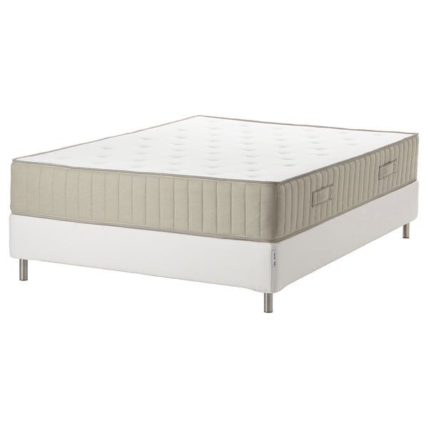 White ESPEVÄR/VATNESTRÖM bed: natural latex, linen, cotton. Pocket springs for support. Elevated base for easy access.
