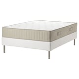 Espevar/vatnestrom bed: white, upholstered, rectangular, stainless steel legs, natural materials.