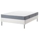 Option: IKEA white bed frame with blue-gray mattress, metal legs.