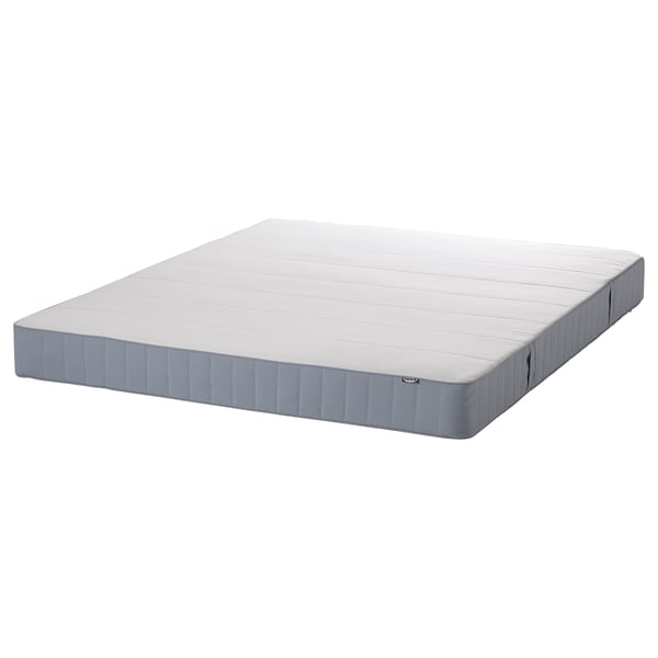 Gray mattress with quilted top and bonnell springs, rectangular, firm support.