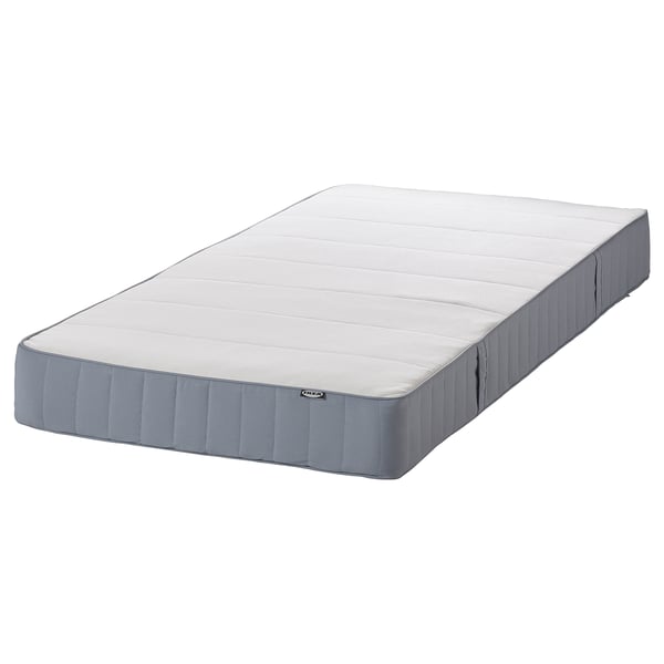 IKEA espevär/grey mattress; rectangular, firm with bonnell springs, grey cotton cover.
