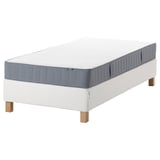 IKEA espevar mattress on white frame. Gray cover, bonnell springs, smooth fabric.