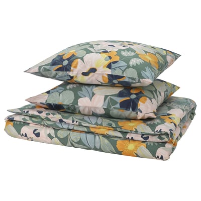 FÄLTGRÄSMOTT duvet & pillow set, flower print, green-pink, cotton-viscose, soft, rectangular.