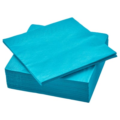 Stack of bright blue rectangular FANTASTISK napkins, neatly folded, with texture visible on a white background.