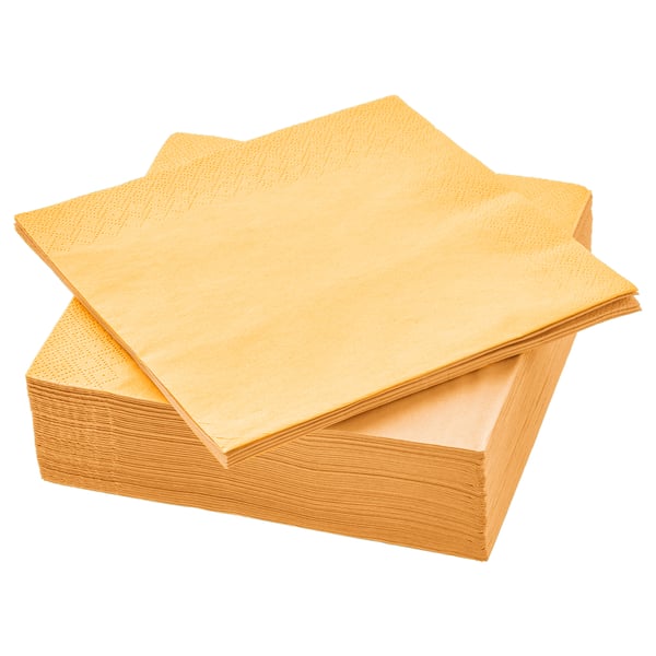 A stack of yellow FANTASTISK paper napkins in rectangular shape, neatly folded.