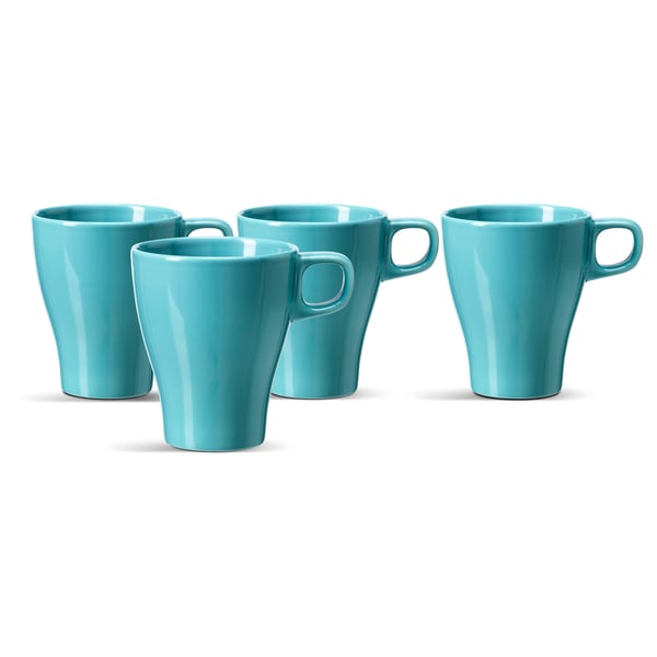 Four light blue mugs, evenly spaced in a row. Mugs have double handles and a smooth finish, made of stoneware.