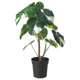 Artificial potted plant named FEJKA with large green and white leaves, made from recycled materials and designed to resemble a tropical houseplant.