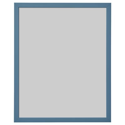 A blue FISKBO picture frame with a rectangular shape and simple design. It has a plastic front for safety and can be hung vertically or horizontally.