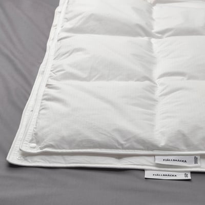 Ikea FJÄLLBRÄCKA white duvet, folded, smooth texture, cotton and recycled down.