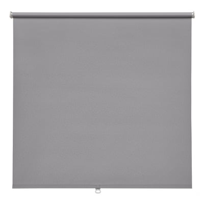 A grey FÖNSTERBLAD roller blind, made of polyester, featuring a subtle circular pattern, and designed to block out light.