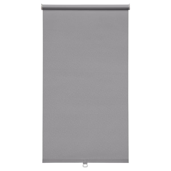 Gray roller blind, FÖNSTERBLAD, with circular pattern, blocks light, cordless for safety.