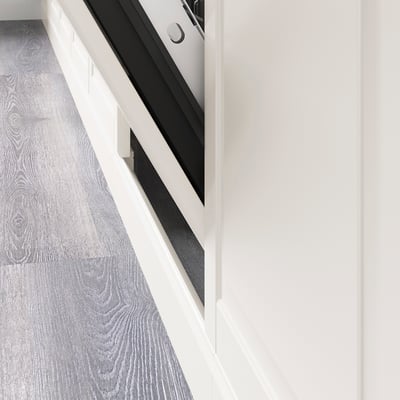 Kitchen cabinet plinth fitting bodbyn or hittarp designs, shown with dishwasher, providing finished look.