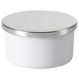 FRAMFÄRD white candle in glass with metal lid, crisp scent.