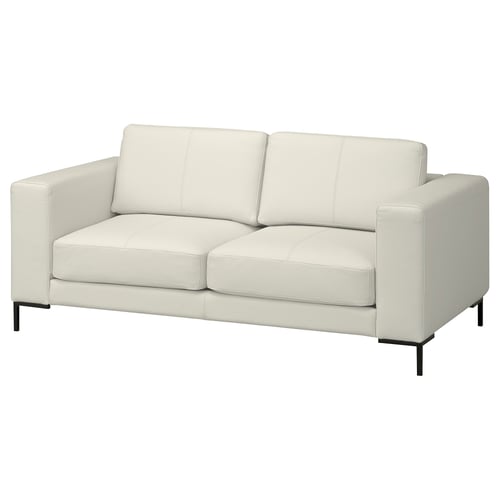 Modern white leather sofa, sleek design with clean lines, comfortable cushions, and sturdy black metal legs.