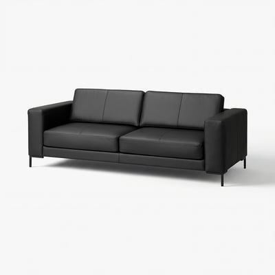 Black leather sofa, sleek design with metal legs, three cushions.