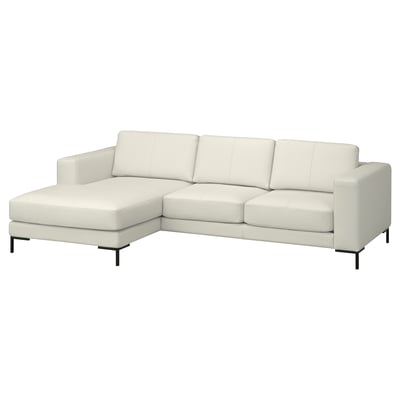 FULLERÖ white leather l-shaped sofa, modern design, with metal legs.