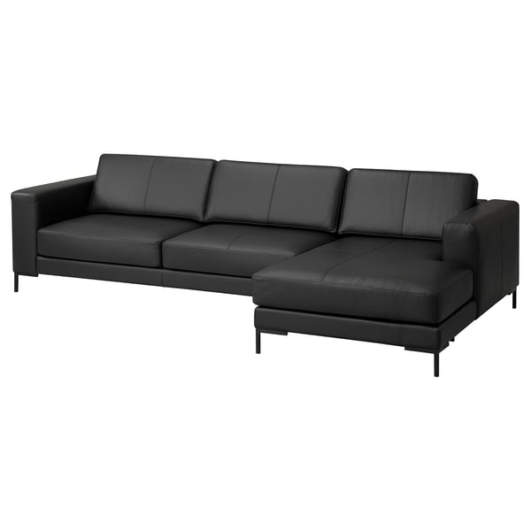 FULLERÖ black leather l-shaped sofa, sleek and modern with clean lines, three cushions, removable armrests.