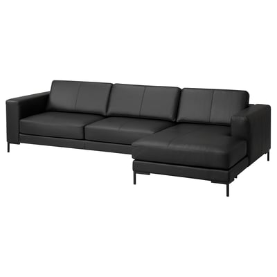 FULLERÖ black leather l-shaped sofa, sleek and modern with clean lines, three cushions, removable armrests.