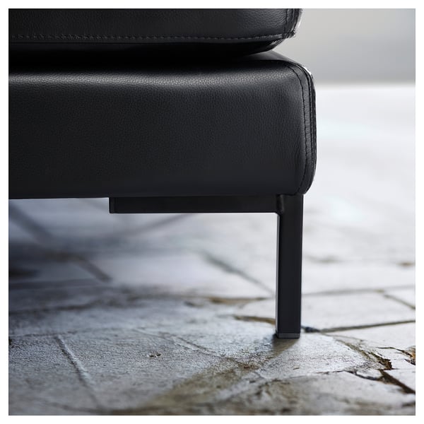 A section of a black leather sofa named FULLERÖ. The sofa a sleek design with metal legs and high resilience cushions for comfort.