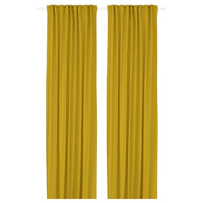 Two yellow curtains hang straight, reaching full length with heading tape at top, offering vibrant style and privacy.
