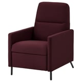Dark red reclining armchair, cushioned, 3 position backrest, sturdy metal legs.